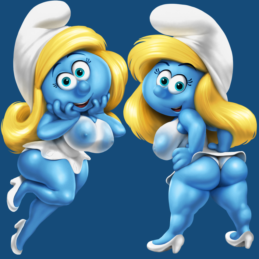 alternate_breast_size ass big_ass big_breasts blue_skin breasts cleavage female humanoid nikcesco nipples see-through smurfette solo the_smurfs