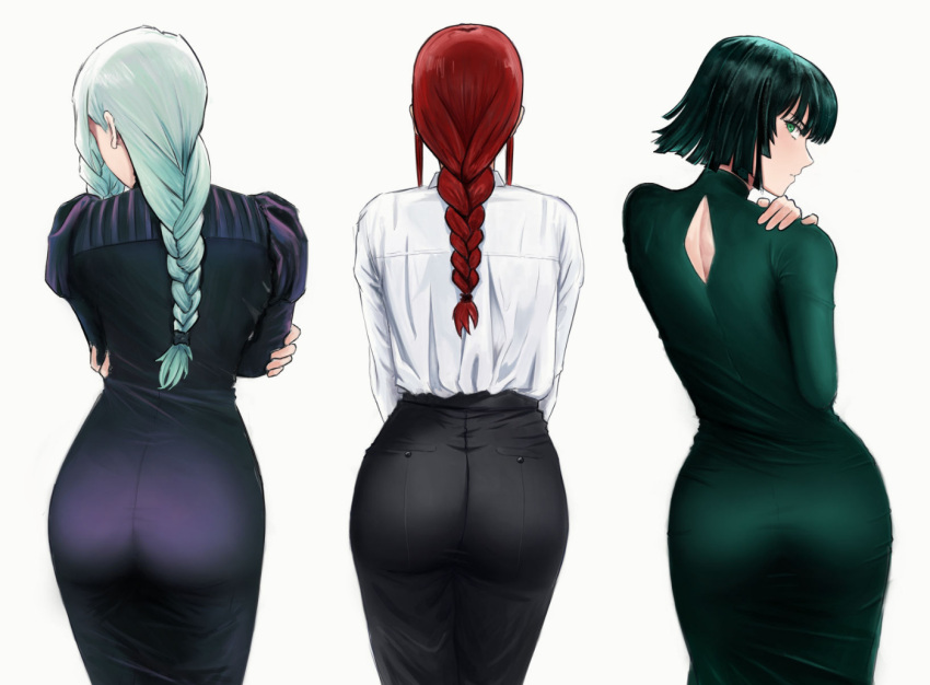 3girls ass ass_focus back_view big_ass braid braided_hair chainsaw_man company_connection crossover dark_green_hair dat_ass dress female female_only fubuki_(one-punch_man) green_hair gyunzai jujutsu_kaisen large_ass makima_(chainsaw_man) mappa mei_mei_(jujutsu_kaisen) one-punch_man ponytail red_hair shirt_tucked_in short_hair shounen_jump shueisha weekly_shonen_jump white_background white_hair