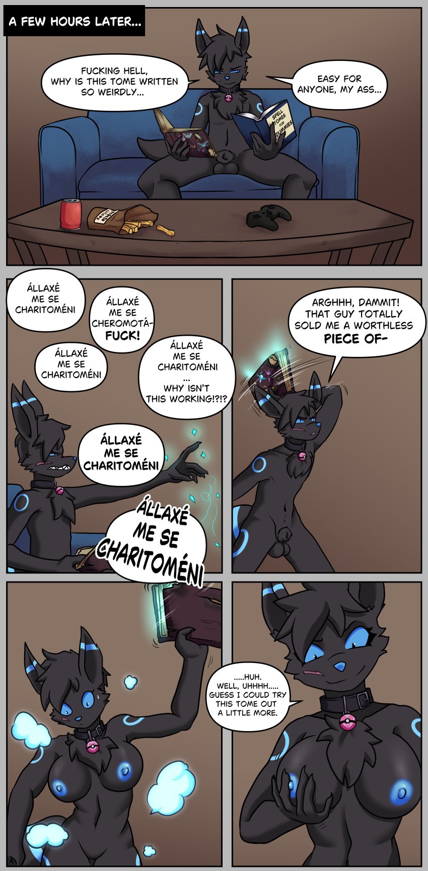 absurd_res animal_genitalia anthro balls beaverbastard beverage black_body black_fur blue_markings breasts chips_(food) collar comic controller damaged eeveelution english_text facial_scar female fluffy fluffy_chest food for_dummies frustrated fur furniture game_controller gender_transformation generation_2_pokemon genitals glowing hi_res kino_(golddrake) love_ball magic male markings nintendo nipples nude pokeball pokemon pokemon_(species) profanity scar sheath sitting soda sofa solo speech_bubble spellcasting surprise table text tome transformation umbreon