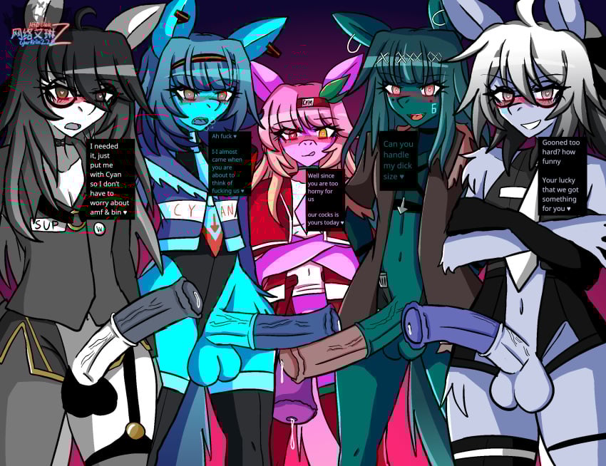 2025 5boys a_mysterious_figure_(horse_race_tests) airiin220 big_penis big_thighs black_hair blue_hair comely_material_morning cyan_(horse_race_test) cyberairiin_(airiin220) english_dialogue english_text femboy femboy_only furry furry_male furry_only garbage_bin_(horse_race_tests) girly heterochromia horse horse_penis horse_race_tests horsecock leotard long_hair long_hair_male male male_only multicolored_hair penis pink_hair pov shorts staring_at_viewer stockings superstitional_realism text thick_thighs thighs tie twink white_hair