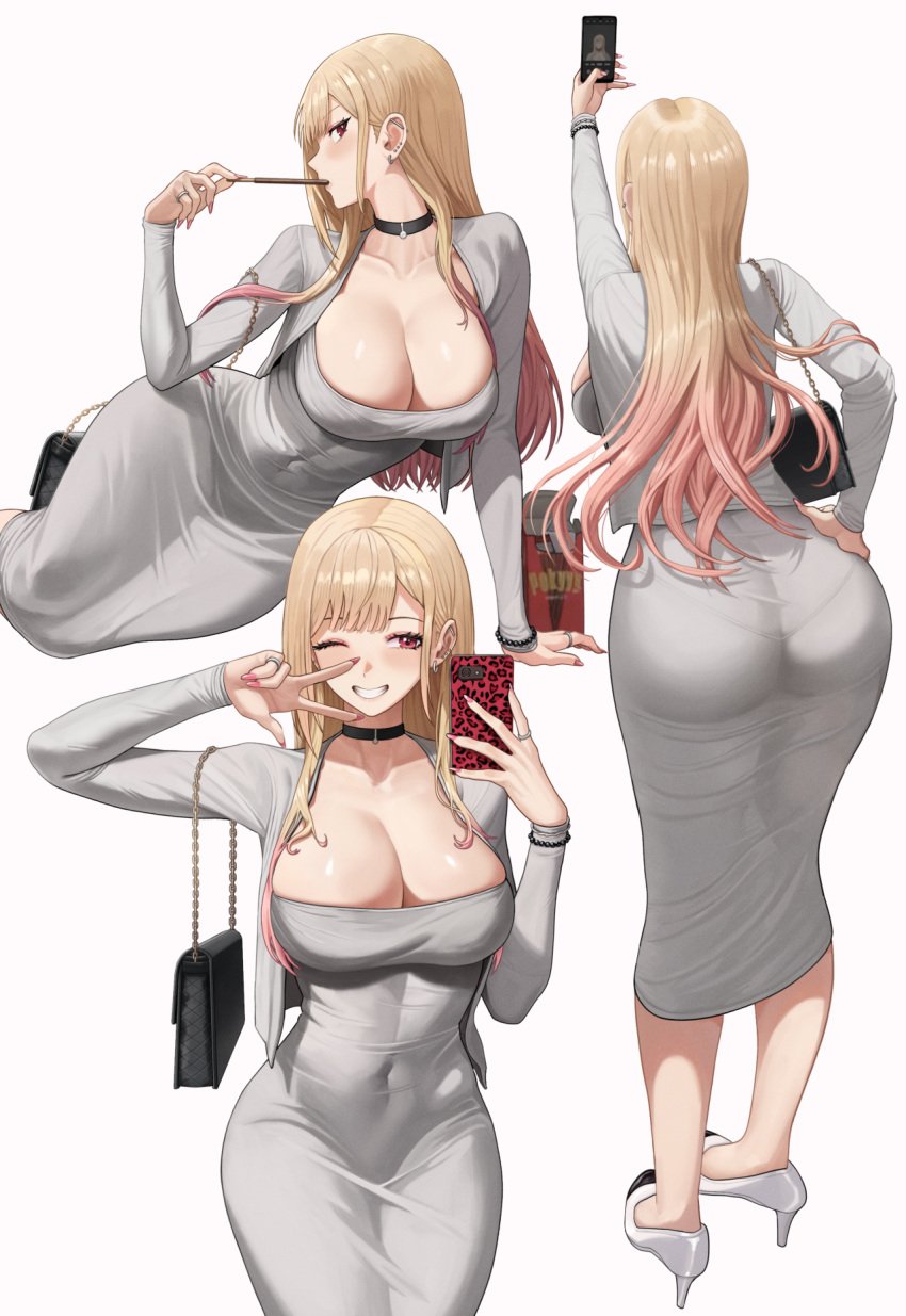 ass bag black_choker bracelet breasts cellphone choker curvy dongtan_dress dress female food food_in_mouth full_body grey_dress handbag high_heels highres holding holding_phone jewelry kitagawa_marin large_breasts meme_attire multiple_views pantylines phone pocky pocky_in_mouth selfie silvertsuki smartphone sono_bisque_doll_wa_koi_wo_suru w