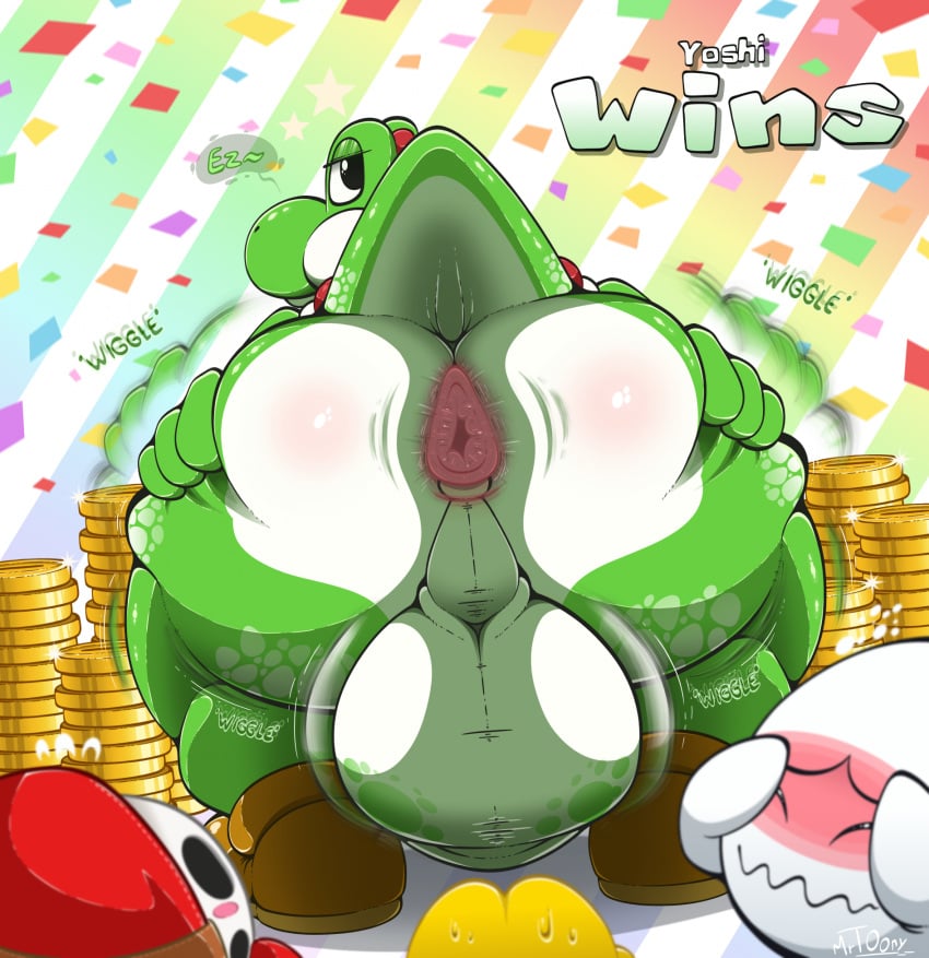 anthro anus ass backpack balls bent_over big_balls blush boo_(mario) clothing coin dinosaur dragon english_text footwear footwear_only gaping gaping_anus genitals gold_(metal) gold_coin green_body green_skin green_yoshi half-closed_eyes hi_res koopa koopa_troopa male mario_bros mask mostly_nude mrt0ony mythological_creature mythological_scalie mythology narrowed_eyes nintendo open_mouth open_smile perineum prehistoric_species presenting presenting_anus presenting_balls presenting_hindquarters reptile scalie shoes shoes_only shyguy smile solo_focus sound_effects spread_butt spreading text turtle white_body white_skin yoshi