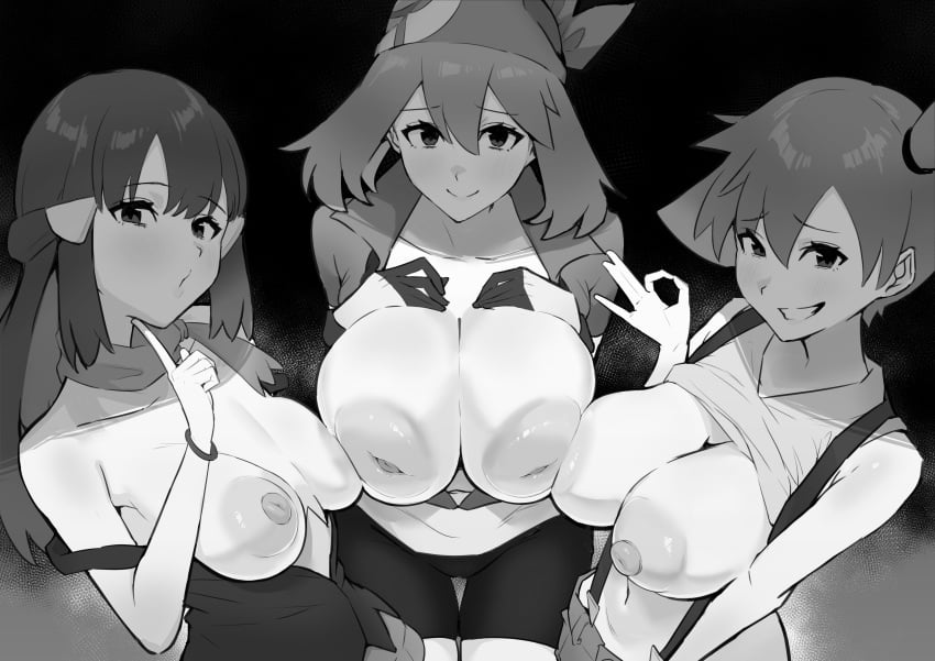 3girls absurdres alternate_breast_size arrogant asymmetrical_docking bandana bike_shorts breast_press breasts clothes_lift covered_erect_nipples creatures_(company) dawn_(pokemon) female game_freak gloves green_hair handjob_gesture highres inverted_nipples kasumi_(pokemon) kunoichimaru large_areolae large_breasts long_hair may_(pokemon) monochrome multiple_girls nintendo nipples no_headwear ok_sign open_clothes open_shirt parted_lips partially_colored pokemon pokemon_(anime) pokemon_(classic_anime) pokemon_dppt_(anime) pokemon_rse_(anime) puffy_areolae puffy_nipples scarf sexually_suggestive shirt_lift shirt_rolled_up short_hair shorts smile suspenders take_your_pick