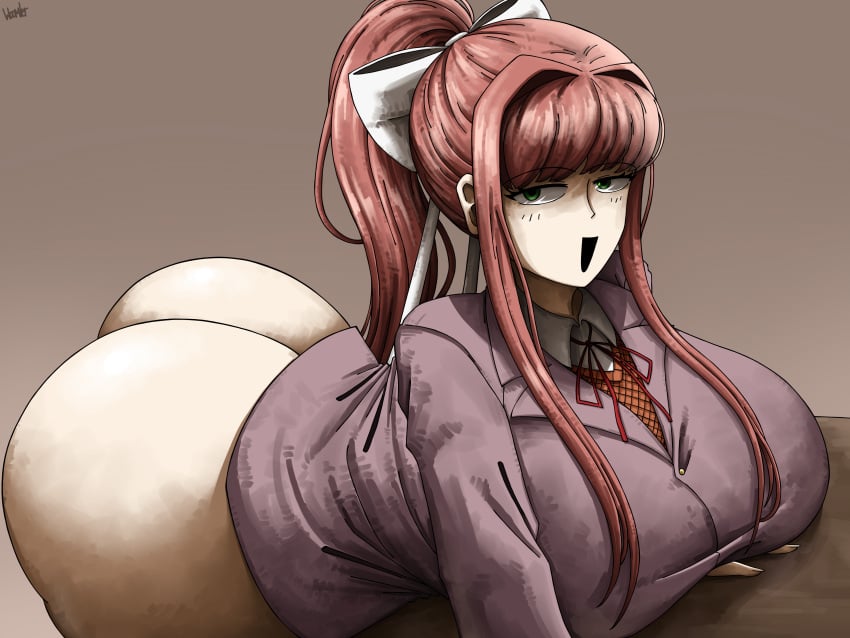 1girls artist_name ass ass_focus big_ass big_breasts blush bottomless bow breasts clothing doki_doki_literature_club female green_eyes monika_(doki_doki_literature_club) ponytail solo woomler