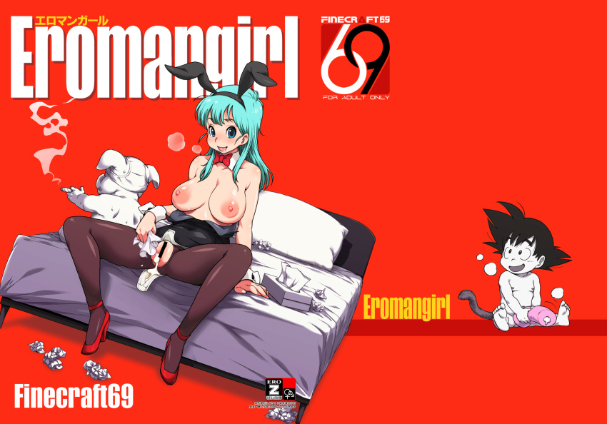 :p after_sex animal_ears bare_shoulders bed black_legwear blue_eyes blue_hair blush bow bowtie breasts breath bulma_(bunny) bulma_briefs bunny_ears bunnysuit censored cigar cum cum_in_pussy dragon_ball female highres indoors isako_rokurou large_breasts long_hair looking_at_viewer male mosaic_censoring nipples object_on_head oolong panties panties_on_head pantyhose pig pillow pussy sitting smoking son_goku spread_legs tissue_box tongue tongue_out torn_clothes torn_pantyhose underwear used_tissue