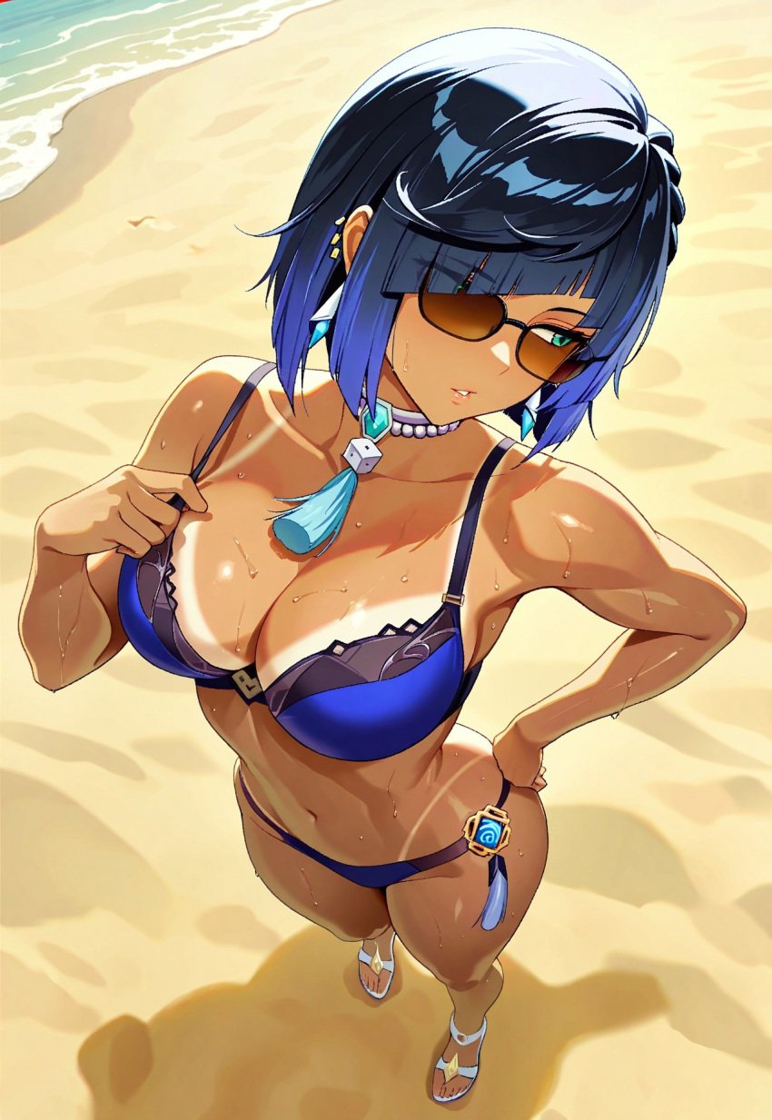 1girls adjusting_bra ai_generated beach black_hair blue_hair earrings green_eyes hands_on_hips lipstick mature_female midriff multicolored_hair navel necklace ocean sexy_pose short_hair standing sunglasses sweat tan_body tanline tanned tanned_body tanned_female tanned_skin tinted_eyewear vision_(genshin_impact) yelan_(genshin_impact)