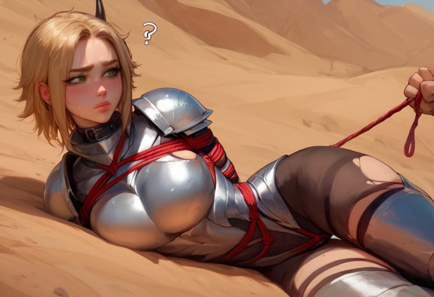 1girls ai_generated blonde_hair bondage captive captured captured_heroine defeated defeated_heroine female knight petite shackles skin_tight thighhighs veve