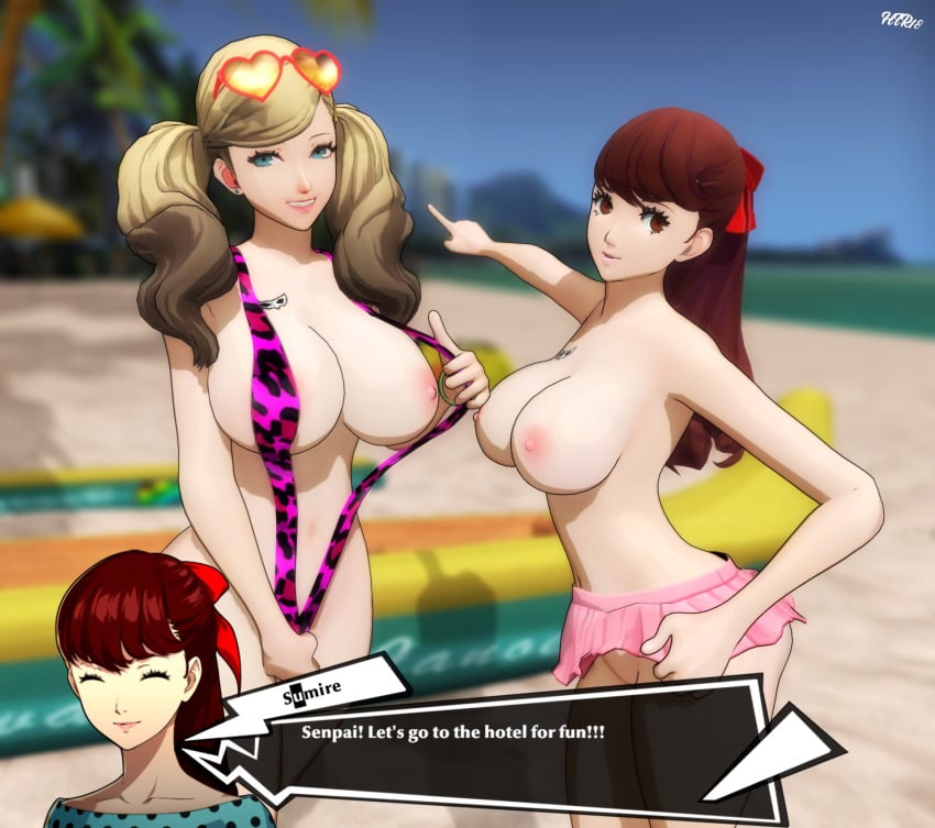 3d ann_takamaki atlus before_sex big_breasts bikini blonde_hair dialogue htr18 imminent_sex large_breasts leopard_print looking_at_viewer persona_5 persona_5_royal red_hair sumire_yoshizawa tagme