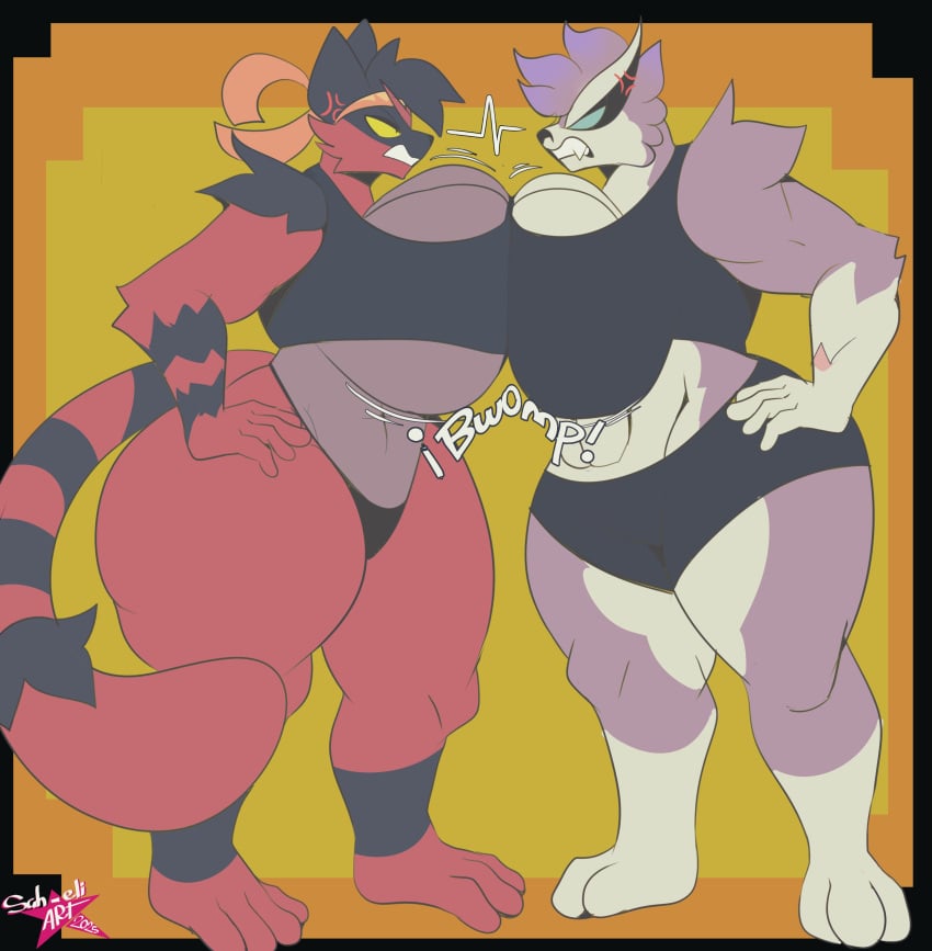 2girls big_breasts breasts cleavage female furry huge_breasts incineroar pokemon pokemon_(species) sah_eli1 tagme thick_thighs wide_hips