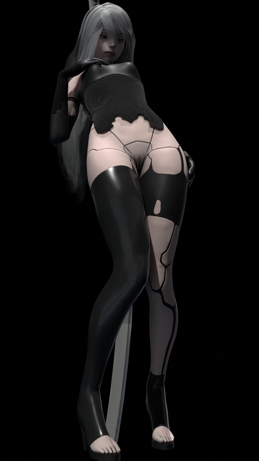 1girls 3d android android_girl blue_eyes functionally_nude high_heel_boots latex nier nier:_automata nier_(series) no_pants silver_hair solo solo_female thigh_boots yorha_a2