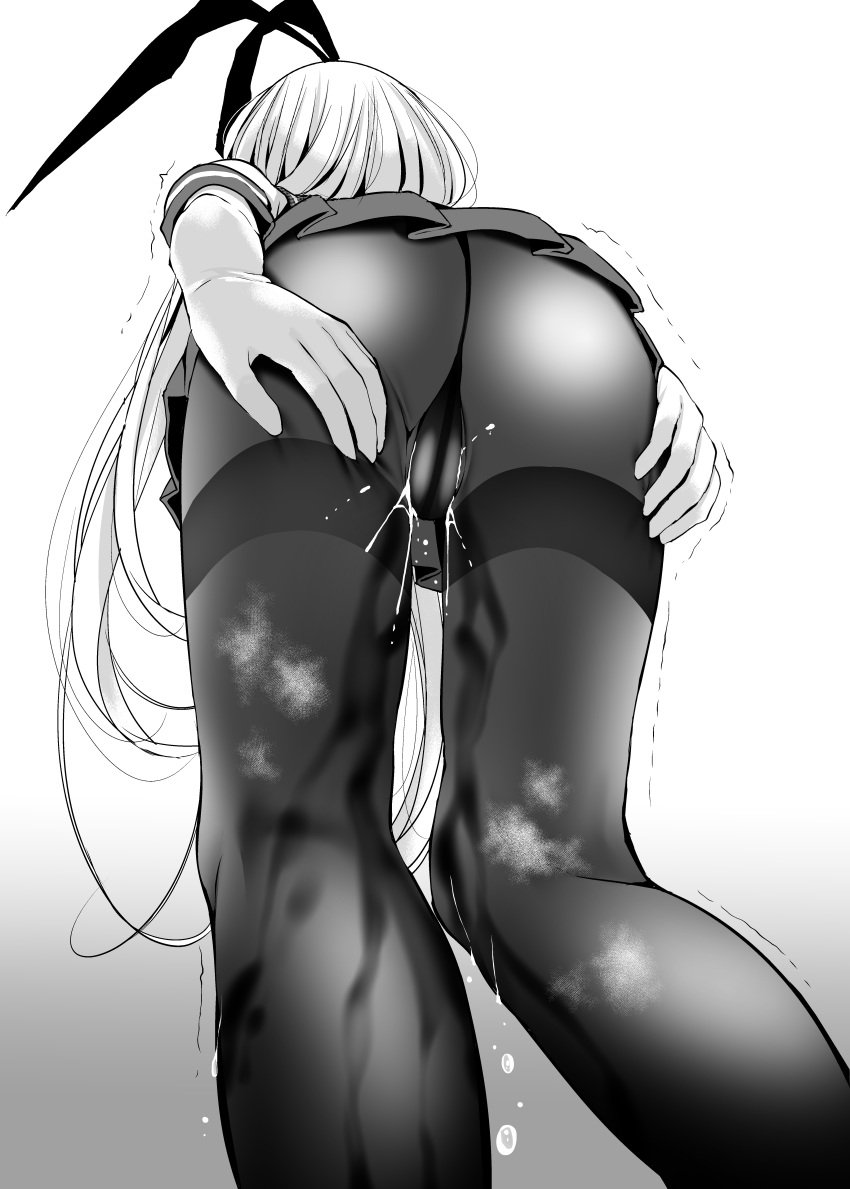 absurdres ass ass_grab crop_top elbow_gloves female from_below gloves hairband highres kantai_collection long_hair looking_away microskirt monochrome oouso_(usotsukiya) pantyhose peeing peeing_self sailor_collar school_uniform serafuku shimakaze_(kantai_collection) skirt trembling white_gloves