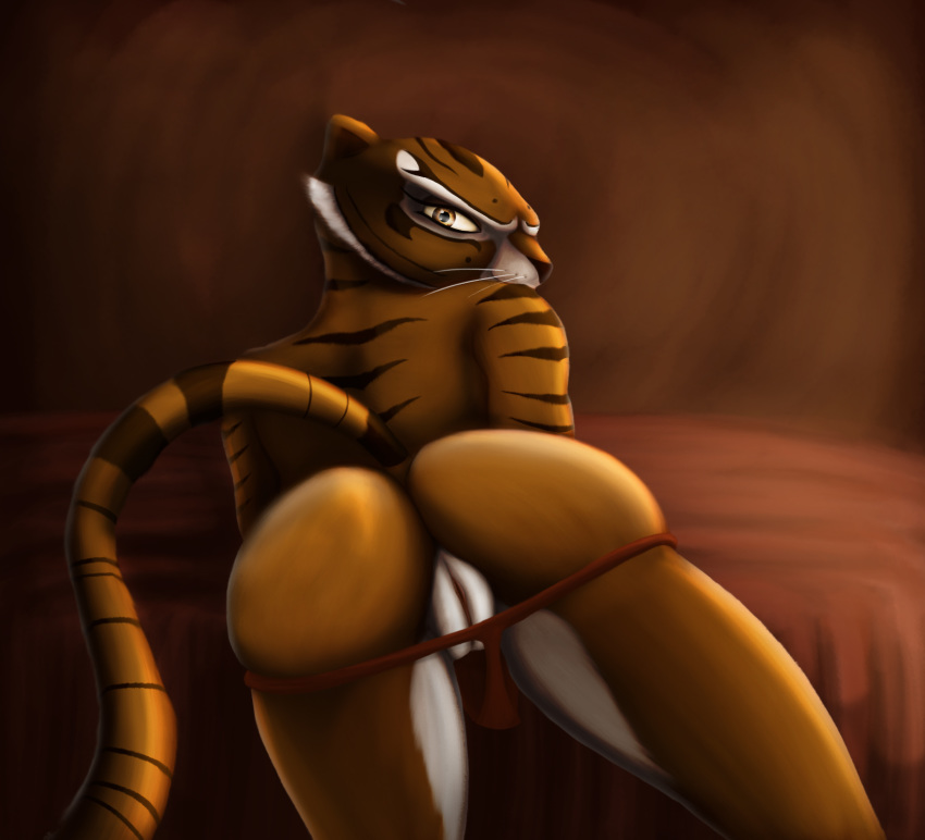 anthro ass astraldog bed bedding clothing dreamworks feline female fur invalid_tag kung_fu_panda looking_at_viewer mammal master_tigress nude orange_fur pussy solo stripes tiger underwear white_fur