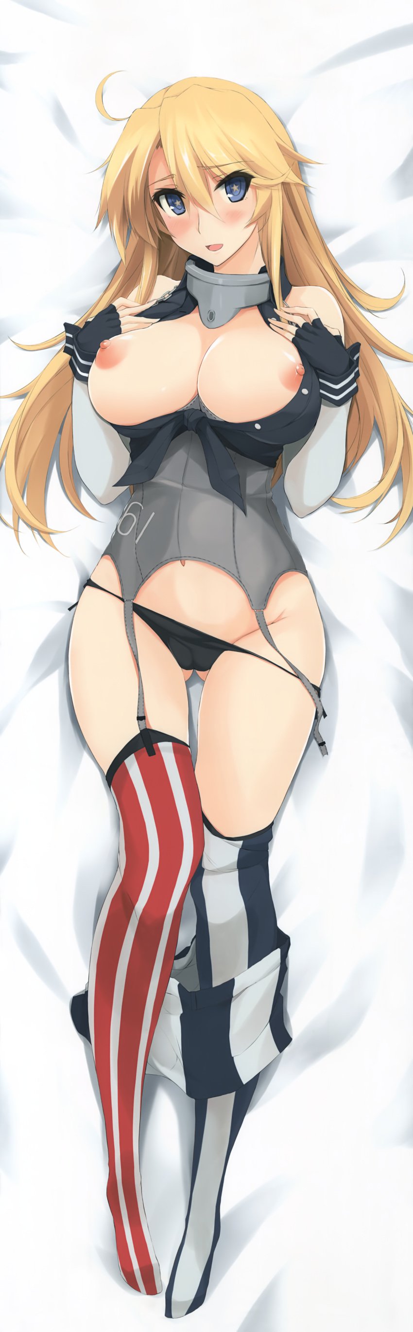 absurdres american_flag american_flag_legwear areolae black_panties blonde_hair blue_eyes breasts breasts_out cameltoe cleavage elbow_gloves female fingerless_gloves flag_print front-tie_top garter_straps gloves groin hair_between_eyes headgear highres huge_filesize iowa_(kantai_collection) kantai_collection large_breasts looking_at_viewer miniskirt mismatched_legwear nipples panties skirt skirt_pull star star-shaped_pupils striped striped_legwear symbol-shaped_pupils thighhighs underwear vertical-striped_legwear vertical_stripes zekkyon