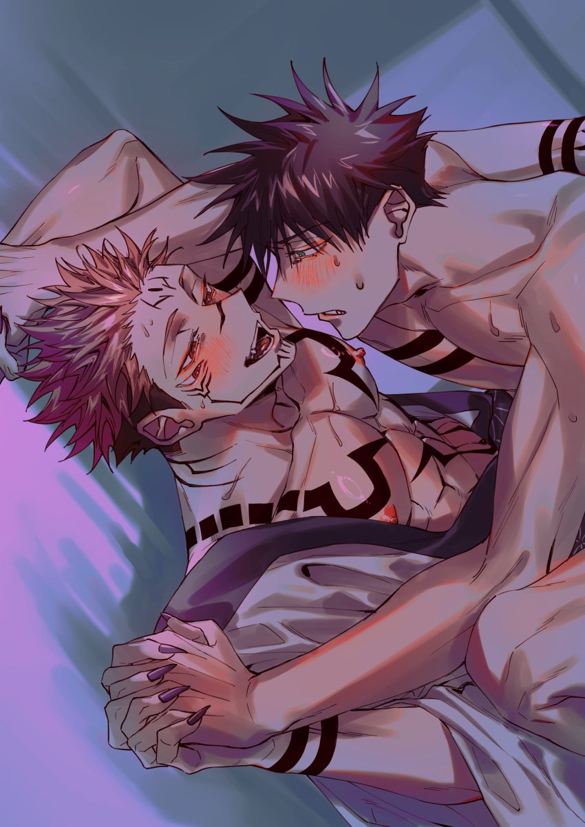 2boys abs absurdres azukiharuta_ju bare_pectorals black_hair black_nails blush brown_hair facial_tattoo fingernails forehead_tattoo fushiguro_megumi green_eyes highres holding_hands implied_sex japanese_clothes jujutsu_kaisen kimono male_focus multiple_boys muscular muscular_male nipples nude pectorals red_eyes ryoumen_sukuna_(jujutsu_kaisen) sharp_fingernails short_hair shoulder_tattoo sweat tattoo undercut white_kimono yaoi