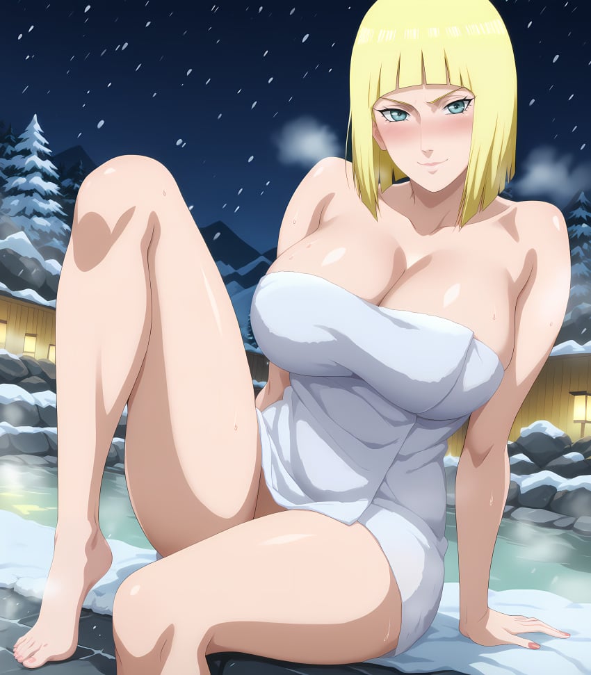 1girls ai_generated bare_shoulders barefoot barely_clothed bathing big_breasts blonde_hair blue_eyes blunt_bangs bob_cut breasts cleavage embarrassed feet female female_only high_resolution hot_spring hourglass_figure light-skinned_female long_hair looking_at_viewer mature mature_female milf naruto naruto_(series) naruto_shippuden naughty naughty_face naughty_smile onsen partially_submerged presenting presenting_breasts ragnarock_ai relaxing samui short_hair sitting smile snos solo solo_focus steam steamy towel towel_only voluptuous voluptuous_female water white_towel yellow_hair