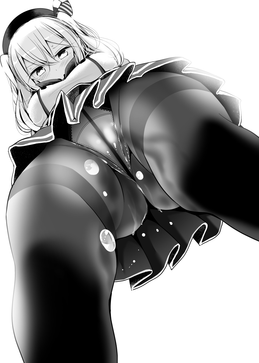 absurdres beret black_legwear blush breasts buttons female from_below hat hidden_mouth highres kantai_collection kashima_(kantai_collection) kerchief large_breasts looking_down miniskirt monochrome oouso_(usotsukiya) panties panties_under_pantyhose pantyhose pantyshot pantyshot_(standing) peeing pleated_skirt skirt solo standing sweat tied_hair tsurime twintails underwear uniform wavy_hair white_background