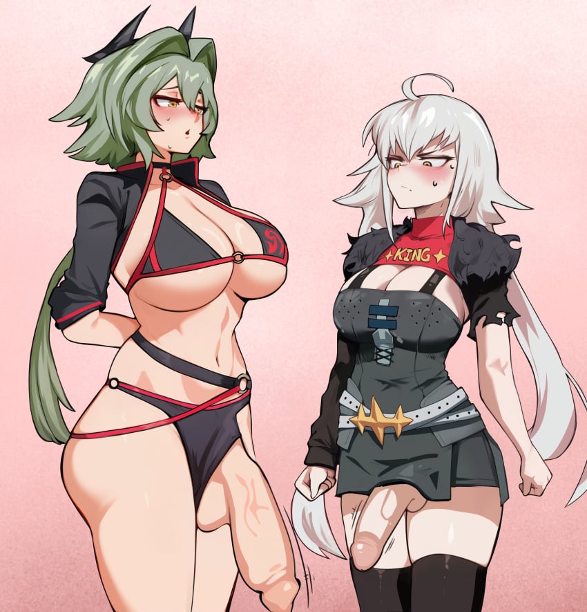 2futas angry annoyed arms_behind_back balls belt big_breasts big_penis bikini blush breasts caesar_king clenched_hands clothed clothes_writing clothing cosplay costume_switch cowlick crossover dickgirl duo fate/grand_order fate_(series) flaccid futa_only futa_with_futa futanari green_hair hair_between_eyes hair_ornament height_difference horn_ornament horns huge_breasts huge_cock human hung_futanari jacket jean jeanne_alter jeanne_alter_(swimsuit_berserker) jeanne_d'arc_(fate) large_penis light-skinned_futanari light_skin long_hair looking_at_another looking_at_penis mostly_nude multiple_futa penis penis_size_difference pout size_comparison size_difference smile smug someone19912 standing star_(symbol) sweat swimsuit tall_futa thick_thighs thighhighs thighs variant_set white_hair wide_hips yellow_eyes zenless_zone_zero