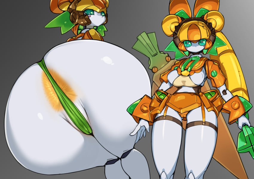 anus anus_peek ass big_breasts blonde_hair bottomwear breasts butt_focus camel_toe carrot cheerful_bunny clothing digital_drawing_(artwork) digital_media_(artwork) featureless_breasts female food green_eyes grey_background hair holding_object holding_weapon humanoid looking_at_viewer looking_back looking_back_at_viewer machine medarot mouthless multiple_angles orange_anus orange_bottomwear orange_clothing orange_skirt plant pochincoff robot robot_humanoid simple_background skirt solo twintails_(hairstyle) vegetable weapon white_body white_skin