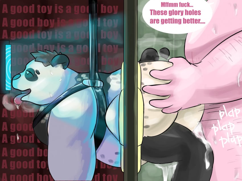 anthro ass azure_(pupblueslut) bear beartheran belly big_butt black_body black_fur bodily_fluids brown_hair cum dialogue domestic_pig drooling fur gay genital_fluids giant_panda glory_hole hair hi_res hole_in_wall hypnosis male male_only mammal mind_control overweight overweight_anthro overweight_male saliva sex slightly_chubby suid suine sus_(pig) suspension white_body white_fur