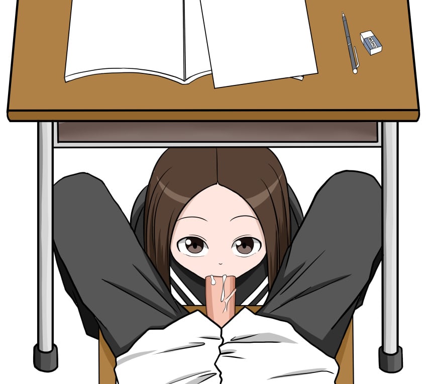 10s 1boy 2016 audreyburne brown_hair chair clothing cum cum_in_mouth desk e50gun eraser female karakai_jouzu_no_takagi-san kneehighs nishikata oral_sex pen penis pov pov_eye_contact school_uniform shirt short_hair short_sleeves simple_background sitting straight takagi-san uncensored white_background white_shirt