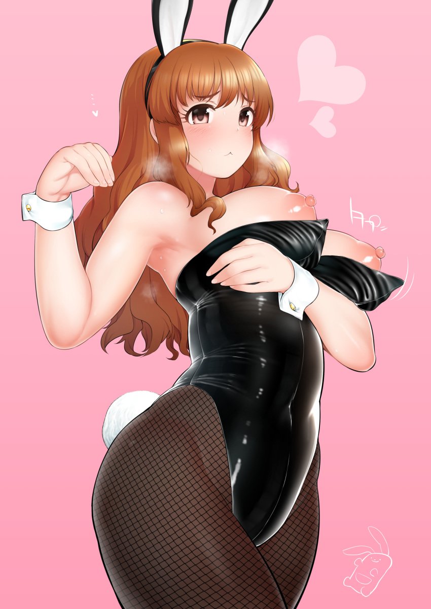 :< absurdres animal_ears areolae armpits bare_shoulders blush breast_hold breasts breasts_out bunny_ears bunny_girl bunny_tail bunnysuit fake_animal_ears fake_tail female fishnet_pantyhose fishnets frown hand_up heart heavy_breathing highres idolmaster idolmaster_cinderella_girls large_breasts leotard long_hair moroboshi_kirari nipples oniku_(oniku029029mm) orange_eyes orange_hair pantyhose pink_background sideboob smile solo tail thighs wrist_cuffs