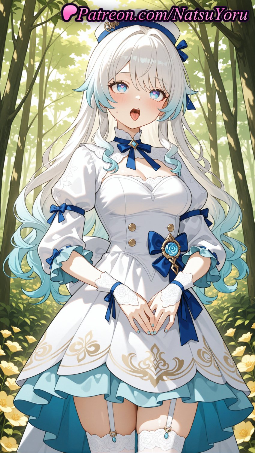 1girls ai_generated alternate_hairstyle anime anime_style aqua_nails bangs beret blue_bow blue_bowtie blue_eyes blue_hair blue_nails blush bow bowtie breasts bridal_gauntlets bust busty cleavage clothing cowboy_shot detached_collar dress female female_focus female_only female_solo fingerless_gloves flower flowers forest frilled_dress frills garter_straps gloves gradient_hair hat heart heart-shaped_pupils hentai hi_res high_quality high_resolution highres light_blue_hair long_hair long_sleeves looking_at_viewer medium_breasts multi-colored_hair multicolored_hair nail_polish natsuyoru nature oc open_mouth original original_character outdoors patreon plant puffy_sleeves ribbon saliva sidelocks solo solo_female standing symbol-shaped_pupils teeth thighhighs tongue tongue_out tree upper_teeth_only vision_(genshin_impact) voluptuous voluptuous_female white_dress white_garter_straps white_hair white_headwear white_legwear white_thighhighs yellow_flower zettai_ryouiki