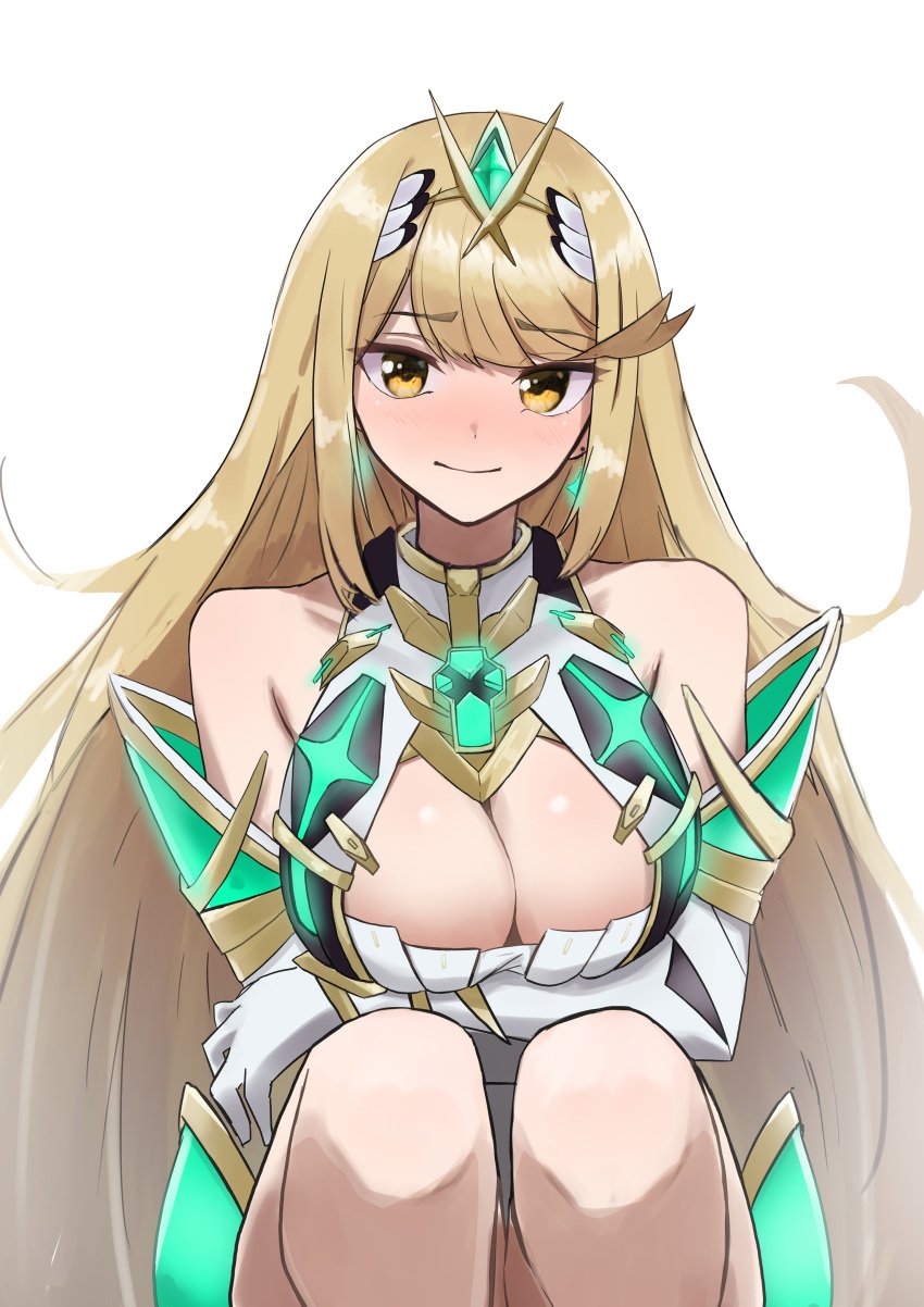 1girls absurd_res amausa_subee bare_shoulders big_breasts blonde_hair blush cleavage cleavage_cutout clothing_cutout core_crystal dress earrings high_res jewelry mythra nintendo short_dress simple_background star_(symbol) star_earrings white_background white_dress xenoblade_(series) xenoblade_chronicles_2 yellow_eyes