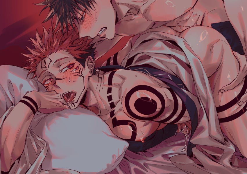 2boys abs absurdres anal ass azukiharuta_ju bare_pectorals bare_shoulders black_hair blush brown_hair facial_tattoo fangs forehead_tattoo fushiguro_megumi green_eyes hand_on_another's_thigh highres japanese_clothes jujutsu_kaisen kimono large_pectorals leg_tattoo male_focus multiple_boys muscular muscular_male nipples parted_lips pectorals red_eyes ryoumen_sukuna_(jujutsu_kaisen) saliva sex short_hair tattoo teeth tongue undercut v-shaped_eyebrows white_kimono wrist_tattoo yaoi