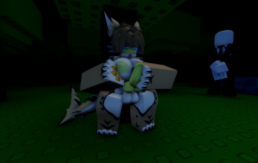 anthro balls breast_squeeze breasts cock disappointed disappointed_look furry futanari looking_at_another looking_pleasured masturbation paper ravenuwu roblox sand_shark self_upload shark slenderman standing stare