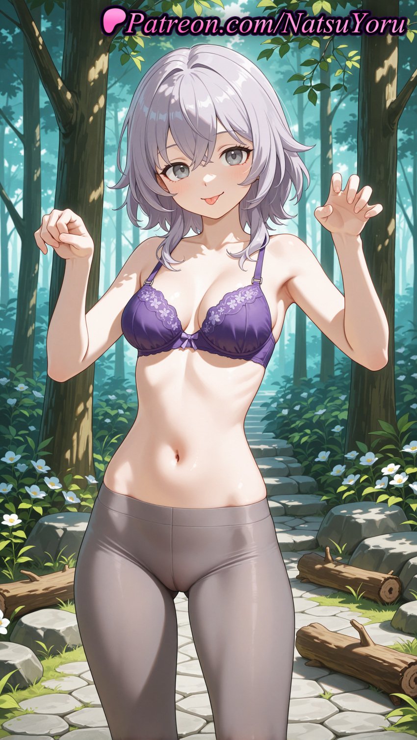 1girls ai_generated anime anime_style armpit ass_visible_through_thighs bangs bare_arms bare_shoulders blush bow bow_bra bra breasts bust busty claw_pose cleavage closed_mouth collarbone cowboy_shot crossed_bangs day female female_focus female_only flower forest grey_eyes grey_hair grey_pants hair_between_eyes hands_up hentai hi_res high_quality high_resolution highres leggings looking_at_viewer medium_breasts medium_hair natsuyoru nature navel oc original original_character outdoors pants pantyhose patreon purple_bra purple_hair ribs silver_hair smile solo solo_female standing stomach tongue tongue_out tree underwear underwear_only voluptuous voluptuous_female yoga_pants