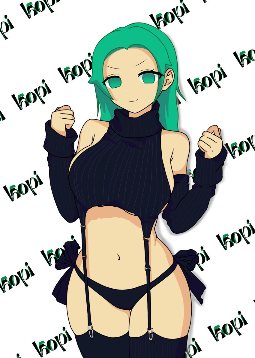 1girl big_boobs big_breasts black_panties boobs breasts chilo_sports female female_focus female_only full_color girl gloves green_eyes green_hair half_body kopi_chan lingerie smile socks thick_thighs white_body