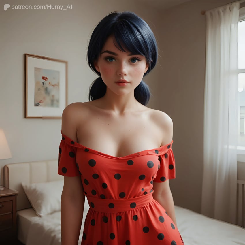 1:1 ai_generated bed bedroom bedroom_setting black_hair blue_eyes blush brown_hair dark_hair dress dressed freckles freckles_on_face igor0914 ladybug_(character) lips lipstick looking_at_viewer marinette_dupain-cheng miraculous:_tales_of_ladybug_and_cat_noir miraculous_ladybug patreon_username realistic red_dress self_upload standing tagme