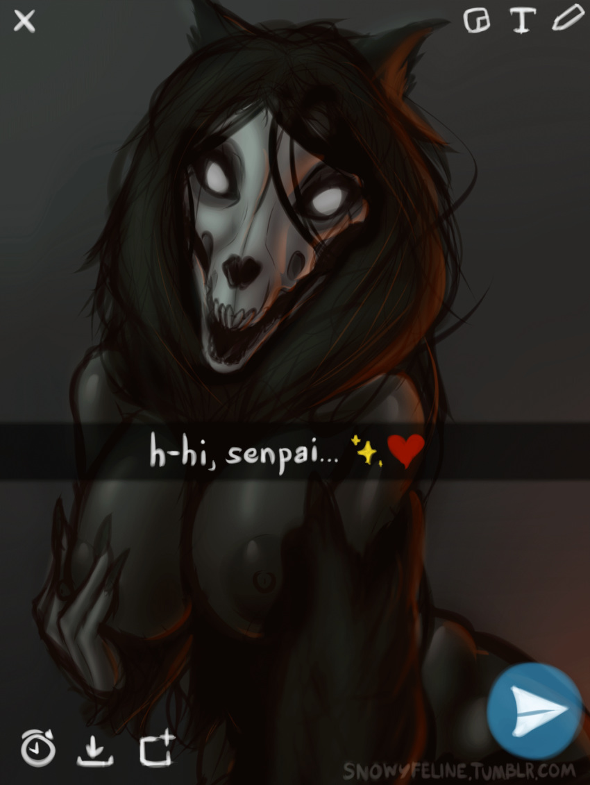 1girls black_skin breasts canine claws empty_eyes female female_only furry hair heart mammal scp-1471 scp_foundation selfie skull snapchat snowyfeline solo sparkle telegram text url watermark