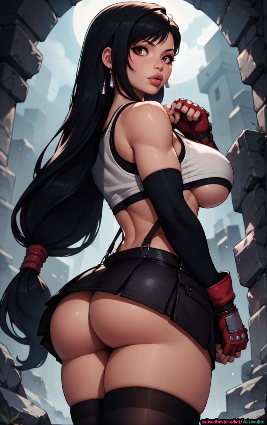 abs ai_generated big_breasts big_butt big_lips bimbo bimbofication black_hair midriff skirt stockings tifa_lockhart underboob velzevulito wide_hips