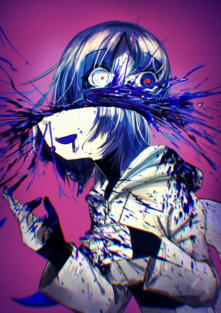 :d absurdres blood blood_on_clothes blood_on_hands blue_blood blue_eyes blue_hair chromatic_aberration drooling female guro heterochromia highres hood hoodie jinba_(jinbarta2) medium_hair nosebleed original pale_skin purple_background red_pupils ringed_eyes simple_background smile solo split_head upper_body white_eyes white_hoodie wide-eyed