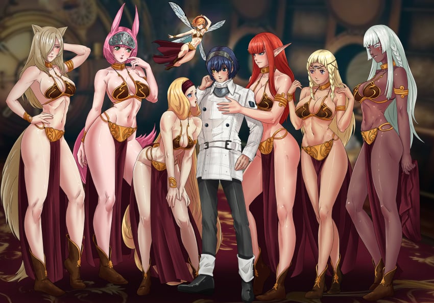 3_eyes amenoosa arms_around_neck arms_around_partner atlus belly_dancer belly_dancer_outfit big_breasts blonde_female blonde_hair blue_hair breast_press brigitta_(metaphor:_refantazio) catherina dark-skinned_female different_eye_color elf_ears elf_female elf_girl eupha_(metaphor:_refantazio) fabienne_vulpes fairy fairy_wings flustered_male fox_ears fox_girl fox_tail gallica harem harem_girl harem_outfit hulkenberg junah long_hair metaphor:_refantazio multi_eye multiple_girls one_boy pink_hair pointy_ears scantily_clad seductive_look seductive_smile slave_bikini slave_collar slave_leia_(cosplay) slave_outfit slavegirl star_wars taller_female taller_girl thick_ass thick_thighs white_hair will_(metaphor:_refantazio)