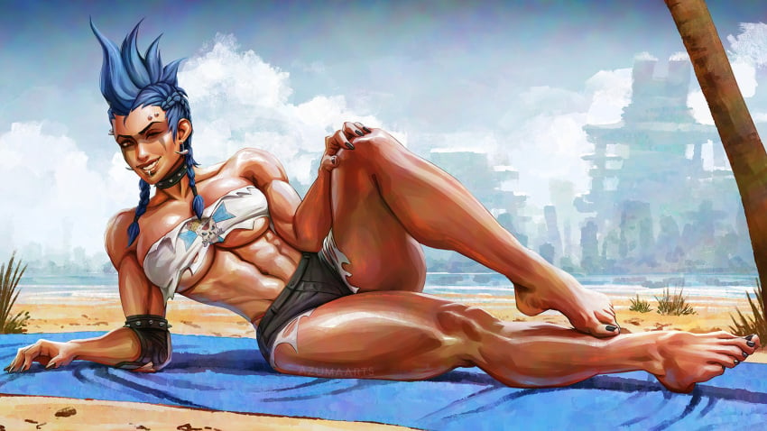 abs amazon ass athletic athletic_female australian azuma_yasuo azumaarts barefoot beach big_ass big_breasts big_feet black_toenail_polish black_toenails blue_hair bra breasts curvaceous curvy curvy_female curvy_figure female female_abs female_focus female_only foot_fetish foot_play junker_queen looking_at_viewer muscular muscular_arms muscular_female muscular_legs muscular_thighs nail_polish overwatch overwatch_2 pier pierced_ears piercing piercings pose posing smile smiling smiling_at_viewer tall_female tan_body tan_skin thick thick_legs thick_thighs toenail_polish toenails wide_hips wink winking_at_viewer