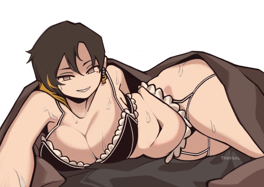 bed belly_button big_breasts binah binah_(project_moon) blanket bra breasts chubby hips library_of_ruina lingerie lobotomy_corporation looking_at_viewer on_bed panties pov project_moon smile sweat sweatdrop sweaty tabes thick_thighs thighs tummy under_covers wide_hips