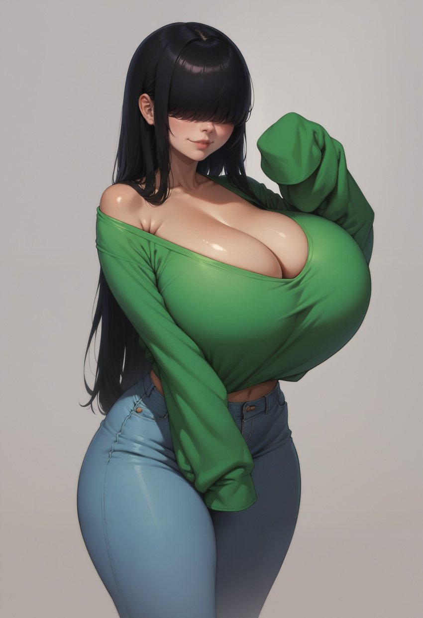 aged_up ai_generated bangs big_shirt cod codename:_kids_next_door enormous_breasts eyes_covered gigantic_breasts jeans kuki_sanban league69 long_sleeves numbuh_3