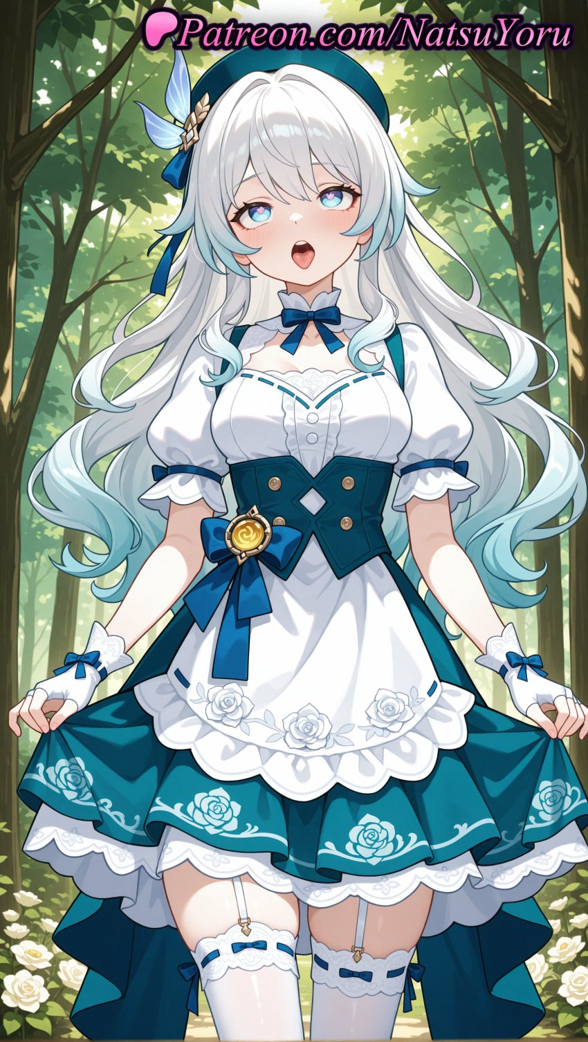 1girls ahe_gao ai_generated anime anime_style apron bangs beret blouse blue_bow blue_bowtie blue_eyes blue_hair blue_headwear blush bow bowtie breasts bust busty cleavage clothing clothing_cutout collar colored_tips cowboy_shot dress female female_focus female_only fingerless_gloves flower flowers forest frilled_dress frills garter_straps gloves gradient_hair green_headwear hat heart heart-shaped_pupils hentai hi_res high_quality high_resolution highres jewelry long_hair looking_at_viewer maid maid_uniform medium_breasts mind_control multi-colored_hair multicolored_hair natsuyoru nature oc open_mouth original original_character outdoors patreon puffy_short_sleeves puffy_sleeves ribbon ribbon-trimmed_legwear ribbon_trim rose short_sleeves sidelocks skirt skirt_hold skirt_lift solo solo_female standing symbol-shaped_pupils teeth thighhighs tongue tongue_out tree underbust upper_teeth_only vision_(genshin_impact) voluptuous voluptuous_female waist_apron wavy_hair white_apron white_flower white_gloves white_hair white_legwear white_rose white_shirt white_thighhighs wrist_cuffs zettai_ryouiki