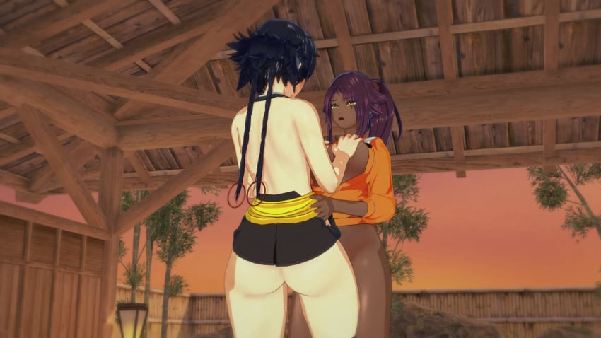 16:9 16:9_aspect_ratio 2girls ass dark_skin dark_skinned_female hand_on_breast interracial light_skin light_skinned_female looking_at_partner no_panties partialy_clothed shihouin_yoruichi soifon standing yuri yuri yuri