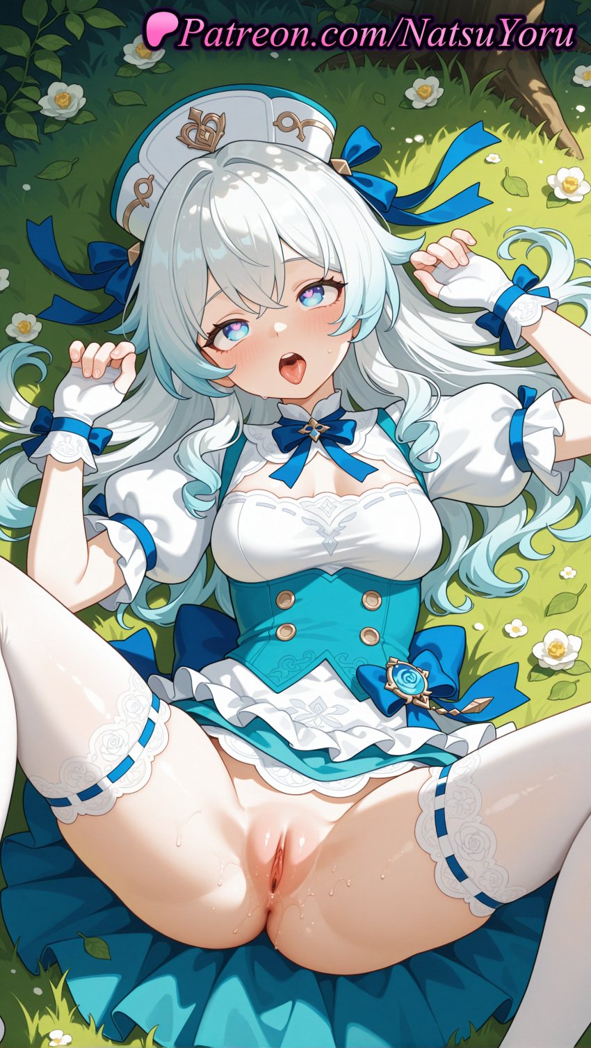 1girls ai_generated anime anime_style anus apron asian asshole bangs blue_bow blue_bowtie blue_dress blue_eyes blue_hair blue_ribbon blush bow bowtie breasts bust busty cleavage clothing dress female female_focus female_only fingerless_gloves flower frills gloves gradient_hair grass hair_between_eyes hat heart heart-shaped_pupils hentai hi_res high_quality high_resolution highres labia lace-trimmed_legwear lace_trim long_hair looking_at_viewer lying medium_breasts multicolored_hair natsuyoru no_panties oc on_back on_grass open_mouth original original_character outdoors patreon puffy_short_sleeves puffy_sleeves pussy pussy_juice ribbon saliva short_sleeves solo solo_female spread_legs sweat symbol-shaped_pupils teeth thighhighs thighs tongue tongue_out uncensored underbust upper_teeth_only vagina vision_(genshin_impact) voluptuous voluptuous_female white_dress white_flower white_gloves white_hair white_headwear white_legwear white_thighhighs