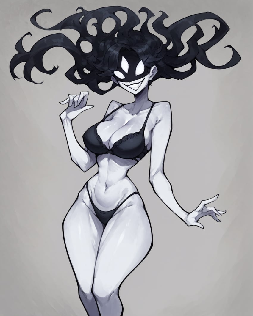 1girls ai_generated black_bra black_hair black_panties black_skin creepy falsegate floating_hair humanoid identity_v idv ivy_(identity_v) large_breasts longhair monster_girl navel nipples pale_skin simple_background smile solo stable_diffusion three_eyes white_eyes wide_hips