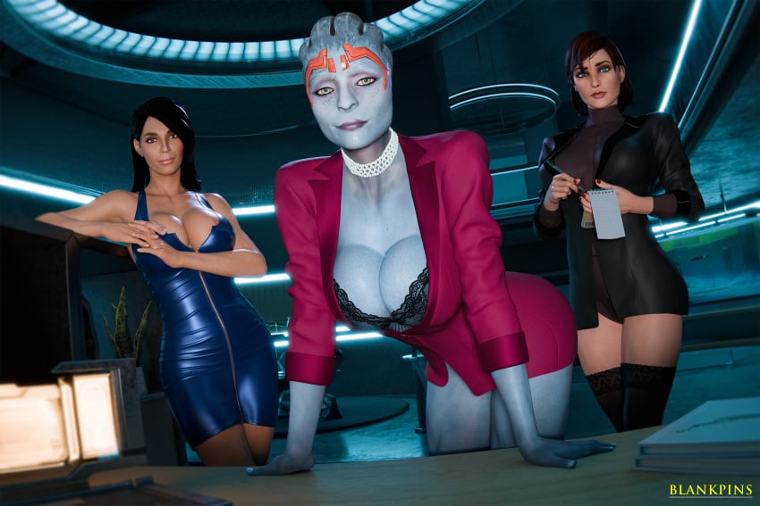 3d 3girls alien alien_girl annoyed_expression areolae_slip ashley_williams athletic athletic_female big_breasts blankpins blazer blue_body blue_dress blue_skin boss cleavage clothed_female commander_shepard dress female_only femshep fit_female giant_breasts huge_cleavage human jacket leaning_on_object light_skin light_skinned_female mass_effect muscular_female office office_clothing office_lady pantyhose pearl_necklace pushup_bra red_hair red_jacket samara scales sci-fi see-through_clothing sfw skinny slutty_outfit thighs toned toned_female turtleneck