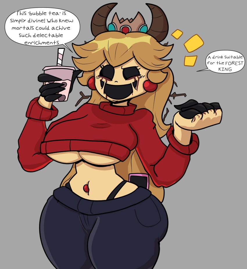 arrogant belly_button belly_piercing big_breasts blonde_hair boba_tea breasts coronation_day_(creepypasta) demon_horns drink friday_night_funkin horns long_hair looking_at_viewer mario_(series) marios_madness nightmare_waifu pants phone princess_peach princess_peach_(coronation_day) text text_bubble thong thong_straps token_taker underboob yellow_hair