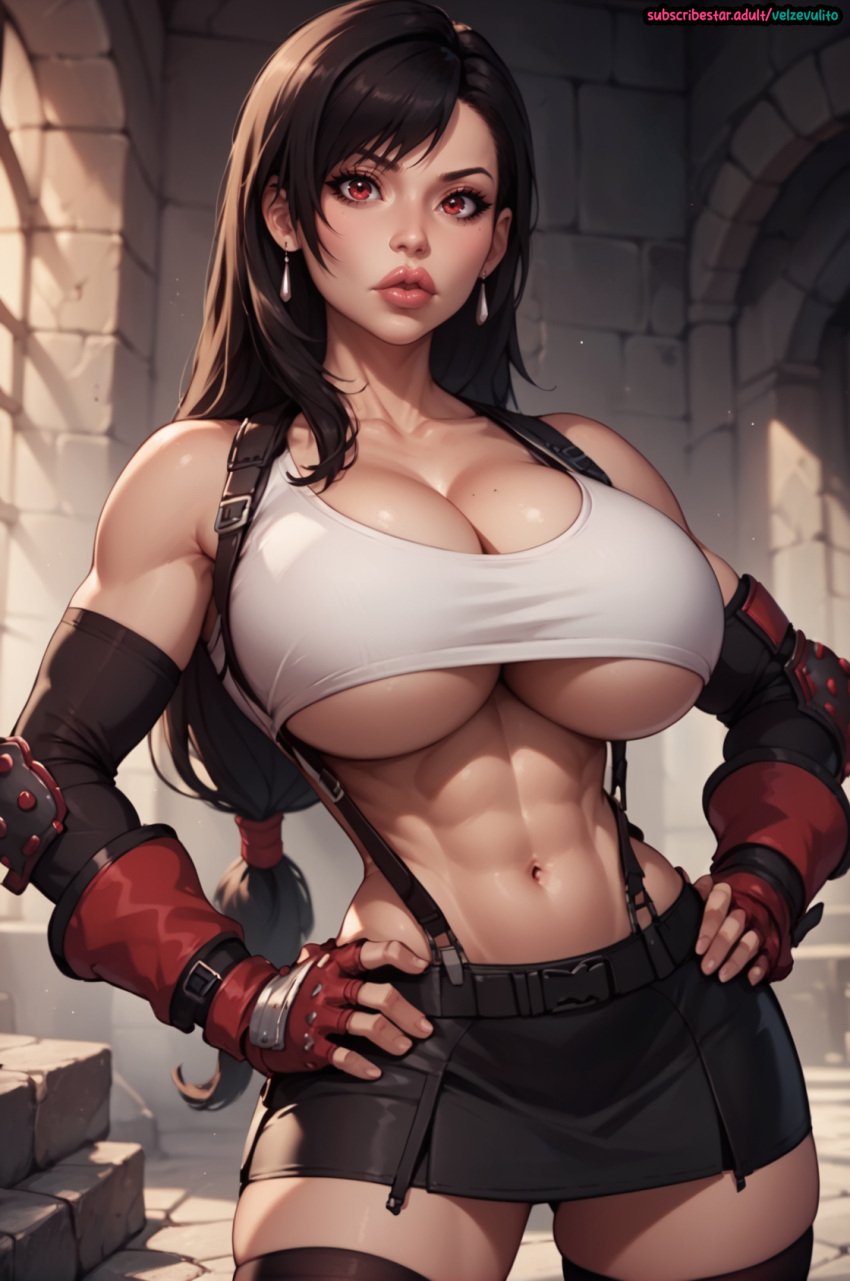 abs ai_generated asian asian_bimbo asian_female big_breasts big_lips bimbo bimbofication black_hair final_fantasy final_fantasy_vii final_fantasy_vii_remake hourglass_figure midriff paag skirt stockings tifa_lockhart underboob velzevulito voluptuous voluptuous_female wide_hips