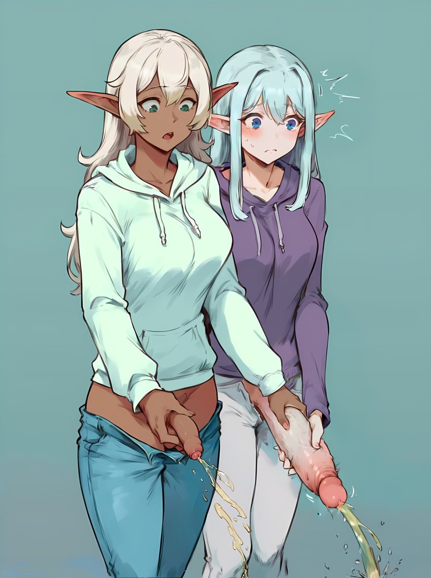 2futas ai_coomer ai_generated assisted_peeing big_penis blonde_hair blue_eyes blue_hair blush blush closed_mouth dark-skinned_futanari dark_elf dark_elf_female dark_skin elf elf_ears embarrassed exposed_penis flaccid flustered foreskin futa_is_bigger futa_is_smaller futa_only futa_with_futa futanari green_eyes holding_penis hooded_sweater hoodie jeans large_penis light-skinned_futanari light_skin long_hair long_penis looking_at_penis looking_down open_mouth pants peeing peeing_together penis penis_awe penis_grab penis_out penis_out_of_pants penis_size_difference self_upload shocked simple_background small_penis stable_diffusion standing sweat sweatdrop sweater uncensored urine