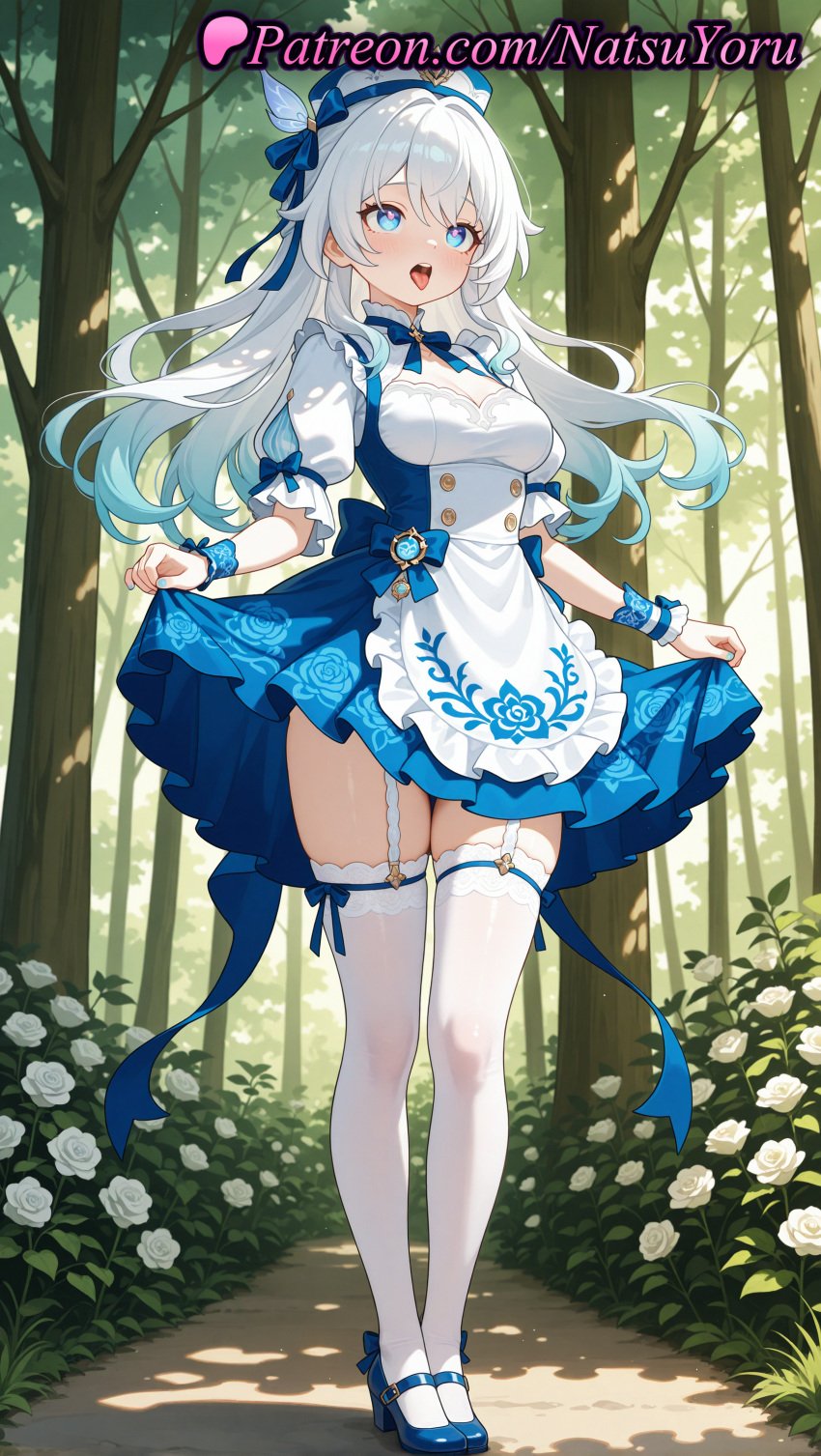 1girls ai_generated anime anime_style apron bangs beret blue_bow blue_bowtie blue_dress blue_eyes blue_footwear blue_hair blue_headwear bow bowtie breasts bush bust busty cleavage clothing colored_tips day dress female female_focus female_only floral_print flower flowers footwear forest frilled_apron frilled_dress frills full_body garter_straps gradient_hair hair_between_eyes hat heart heart-shaped_pupils hentai hi_res high_heels high_quality high_resolution highres large_breasts legwear lifted_by_self long_hair looking_at_viewer maid maid_headdress maid_uniform mary_janes medium_breasts multi-colored_hair multicolored_hair natsuyoru nature oc open_mouth original original_character outdoors patreon puffy_short_sleeves puffy_sleeves ribbon rose shoes short_sleeves skirt_hold smile solo solo_female standing symbol-shaped_pupils teeth thighhighs thighs tongue tongue_out tree two-tone_dress upper_teeth_only voluptuous voluptuous_female waist_apron white_apron white_flower white_hair white_headwear white_legwear white_rose white_thighhighs wrist_cuffs zettai_ryouiki