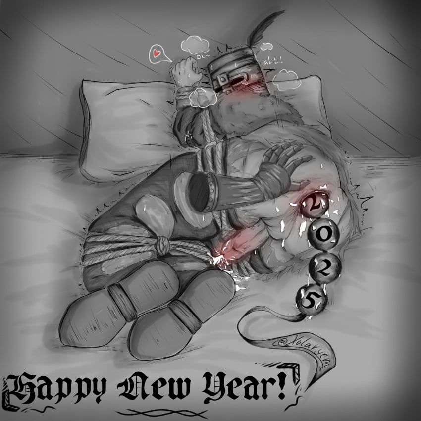 1boy 1male 1man 2025 anal_beads ass ass_grab back_view beads bed bed_sheet blush blushing_at_viewer cum cumming dark_souls dark_souls_i dick gay greyscale happy_new_year helmet knight laying_on_bed looking_at_viewer looking_back orgasm penis penis_out pillow ripped_clothing ripped_pants solaire_of_astora submissive submissive_male sweat sweatdrop sweating tears testicles text tied_arms tied_hands tied_legs tied_up trembling xolaryem