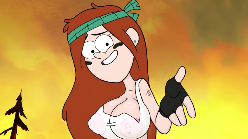 1girl blueghost418969 brown_hair edit edited girl gravity_falls long_hair looking_at_viewer nipples nipples_visible_through_clothing no_bra screencap screenshot screenshot_edit see-through_shirt see-through_top solo_female upscaled wendy_corduroy